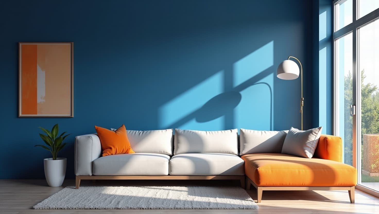 Sala de estar moderna com parede de destaque azul e decoração elegante